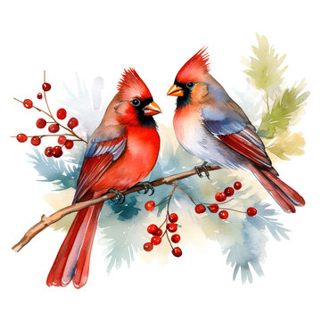 red cardinal sitting on a branch with berries. AI generated image