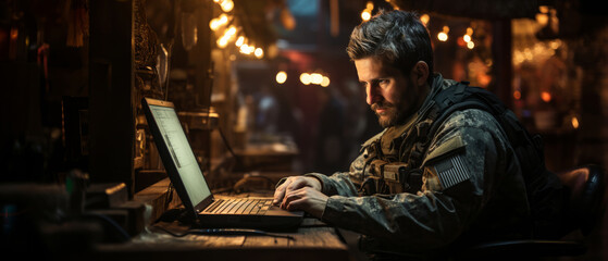 Portrait of soldier wearing a military uniform, operating at his computer. Soldier operating laptop - obrazy, fototapety, plakaty