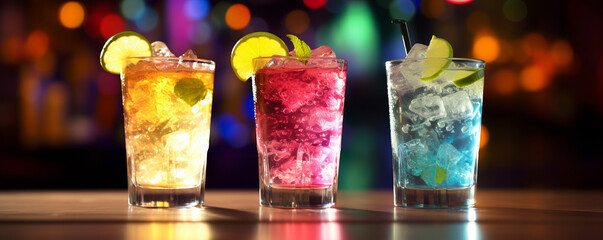Alcoholic cocktail row on bar table, colorful party drinks