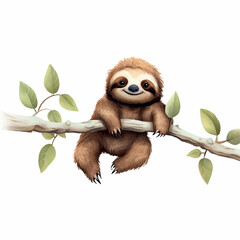 cartoon illustration sloth hanging from branch, white background 