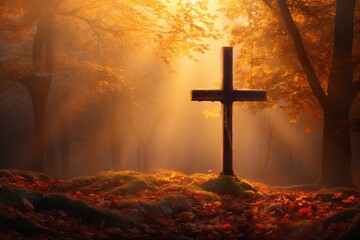 Cross in the forest with sun rays coming through the trees