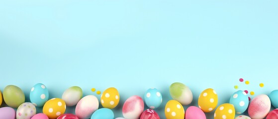 Colorful Easter Egg bottom border over a pastel blue paper banner background. Copy space.