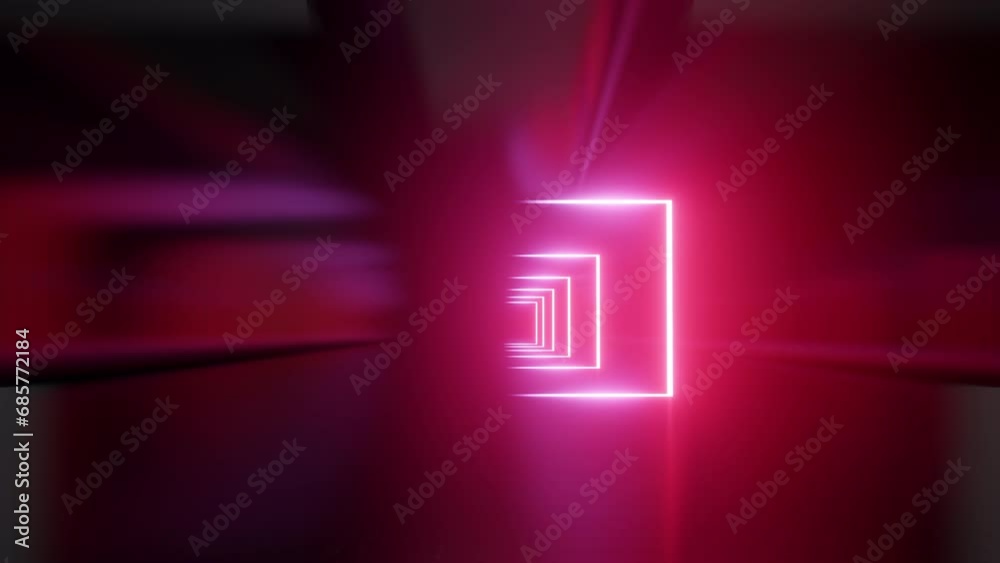 Poster abstract flight in space through glowing neon square tunnel. neon tunnel with rotating square frames