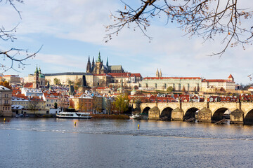 Snowy Prague Lesser Town with Prague Castle above River Vltava in the sunny Day , Czech republic