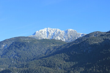 View of the top of the mountain covered with snow. Canada.