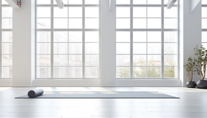 Gym white interior with black yoga mat, large windows, no people.