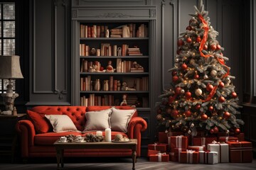 Living room with Christmas decorations. Festive interior design, interior christmas. magic glowing tree and gifts.