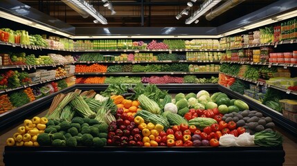 A grocery store aisle with neatly stacked produce, showcasing the abundance and variety of daily food choices.