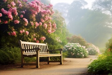 A wooden bench stands in a flowered beautiful garden surrounded by pink flowers. - obrazy, fototapety, plakaty