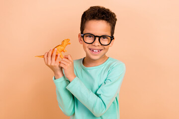 Photo of charming nice boy wear trendy clothes hands hold plastic dinosaur collecting dino toys isolated on beige color background