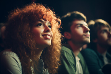 Young Red-Haired Girl with Curly Locks Enjoying a Movie in a Cinema Theater
