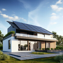 Green technology on display with a house equipped with solar panels. Clean and sustainable energy for a modern and eco-conscious lifestyle. ai generative