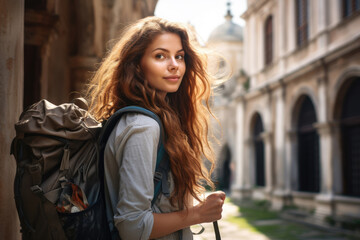 Woman tourist with backpack walking in the city