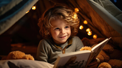 Fototapeta na wymiar A child is reading a book in a wigwam.