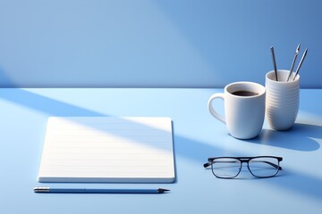 a notebook and glasses on a table