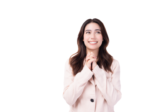 Young Mix race asian business woman smiling love and like product, praise, standing over white background Beautiful girl look above in excitement happy and smile face Expressive facial expressions