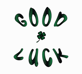 clover and good luck text in green and black on white background