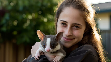 Teenage Girl with Sugar Glider in Suburban Yard