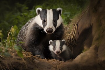 a badger and baby badger in the dirt