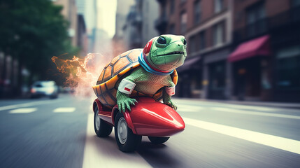 Ingenious tortuise moving fast aided by rocket propulsion vehicle - obrazy, fototapety, plakaty