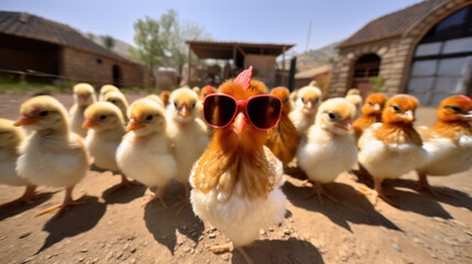 cool baby chick wearing sunglasses outside at the farm - obrazy, fototapety, plakaty