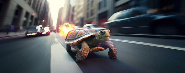 Super fast turtle running at high speed on the street between cars in strategy and innovation concept - obrazy, fototapety, plakaty