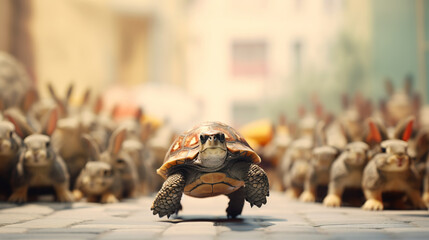 Turtle running in a race leading a large group of rabbits, in strategy and determination concept - obrazy, fototapety, plakaty