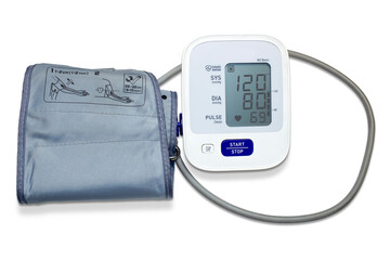 Electronic digital tonometer, device for measuring blood pressure, isolated on a transparent background. The display shows 120/80.