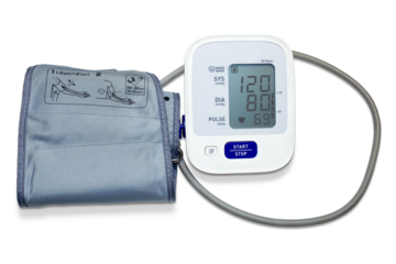 Electronic digital tonometer, device for measuring blood pressure, isolated on a transparent background. The display shows 120/80.