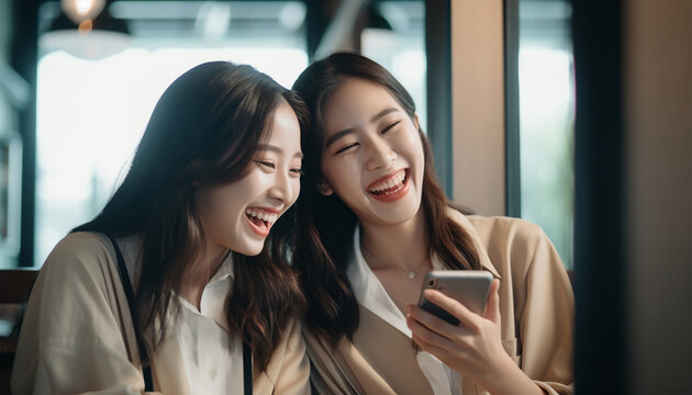 Two Asian young girls having fun on social media and laughing Teenage girls,millennials,gen Z,lesbian lgbtq couple holding smartphone using mobile at home
