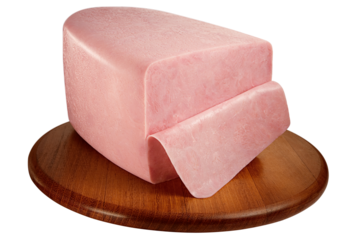 peça de presunto cozido fatiado sobre tábua de madeira rústica isolado em fundo transparente