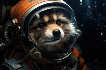 Raccoon astronaut in spacesuit in space