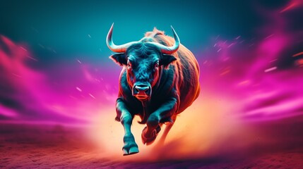 a bull running in a desert