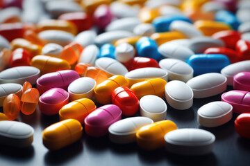 Different colored pills, medical background.