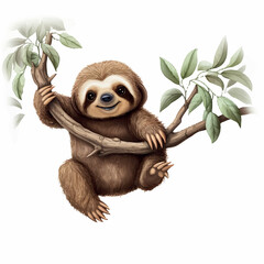 cartoon illustration sloth hanging from branch, white background 