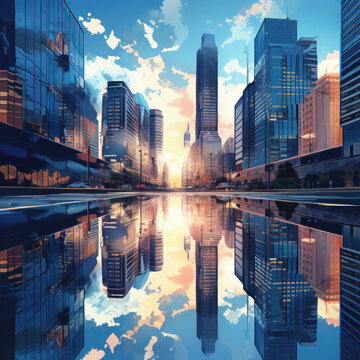 Cityscape with reflective skyscraper business office buildings. view of the modern city's urban landscape and financial district. ai generative
