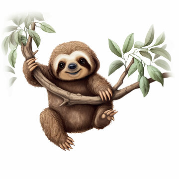 Cartoon Illustration Sloth Hanging From Branch, White Background 