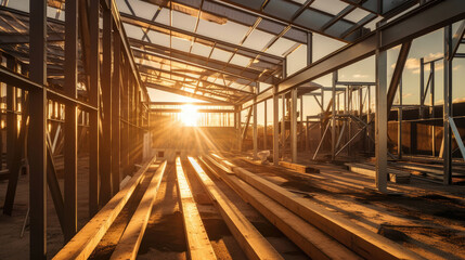 Fototapeta premium The steel beams of the building rise up into the sky