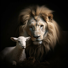 Powerful symbolism: The lion and the sheep, an iconic representation of contrast, harmony, and peace in the animal kingdom. ai generative