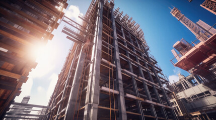 The steel beams of the building rise up into the sky