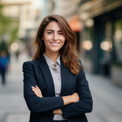 Successful professional woman Outdoor portrait of a young, happy, and confident businesswoman with arms crossed, smiling. ai generative