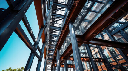 Fototapeta premium The steel beams of the building rise up into the sky