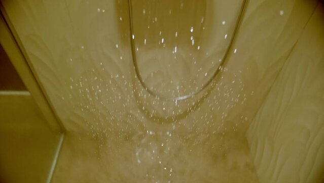 Shower water flows to artistic drain design.