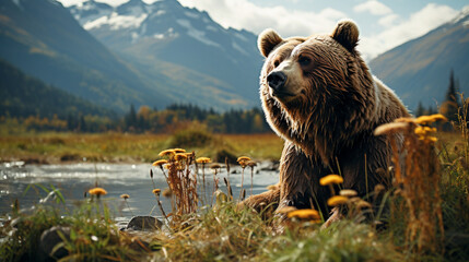 brown bear in the lake - obrazy, fototapety, plakaty