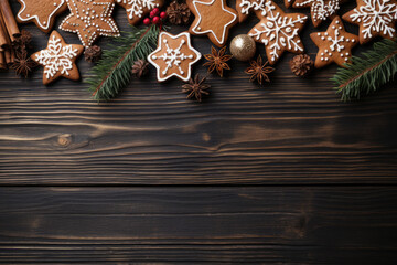 Christmas frame of gingerbread, cookies on wooden background. Copy space for text