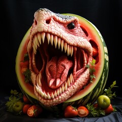 a dinosaur head carved into a watermelon
