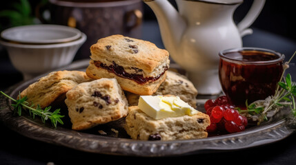 Gourmet cupcakes with a tea tray of sandwiches and scones