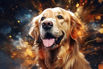 Golden Retriever portrait against the backdrop of a mess at home , Generative AI