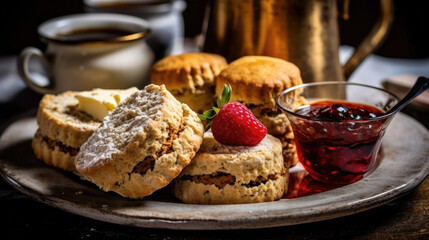 Gourmet cupcakes with a tea tray of sandwiches and scones - obrazy, fototapety, plakaty