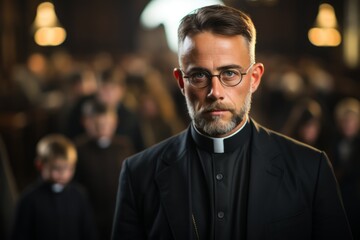 Ernst blickender katholischer Priester in schwarzer Kleidung mit ernst blickendem Jungen in schwarzer Kleidung im Inneren einer Kirche - obrazy, fototapety, plakaty